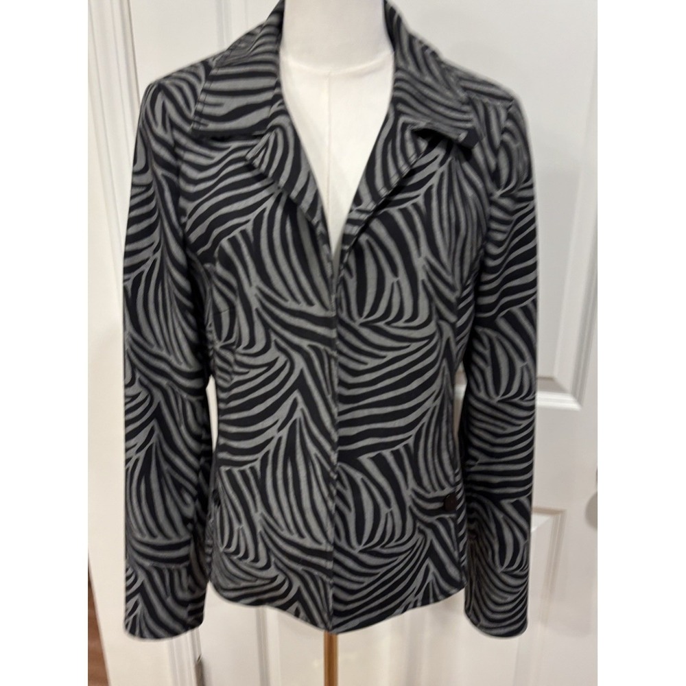 Nina McLemore Open Front Jacket Black Gray Silk Lined Animal Print Womens 12 EUC